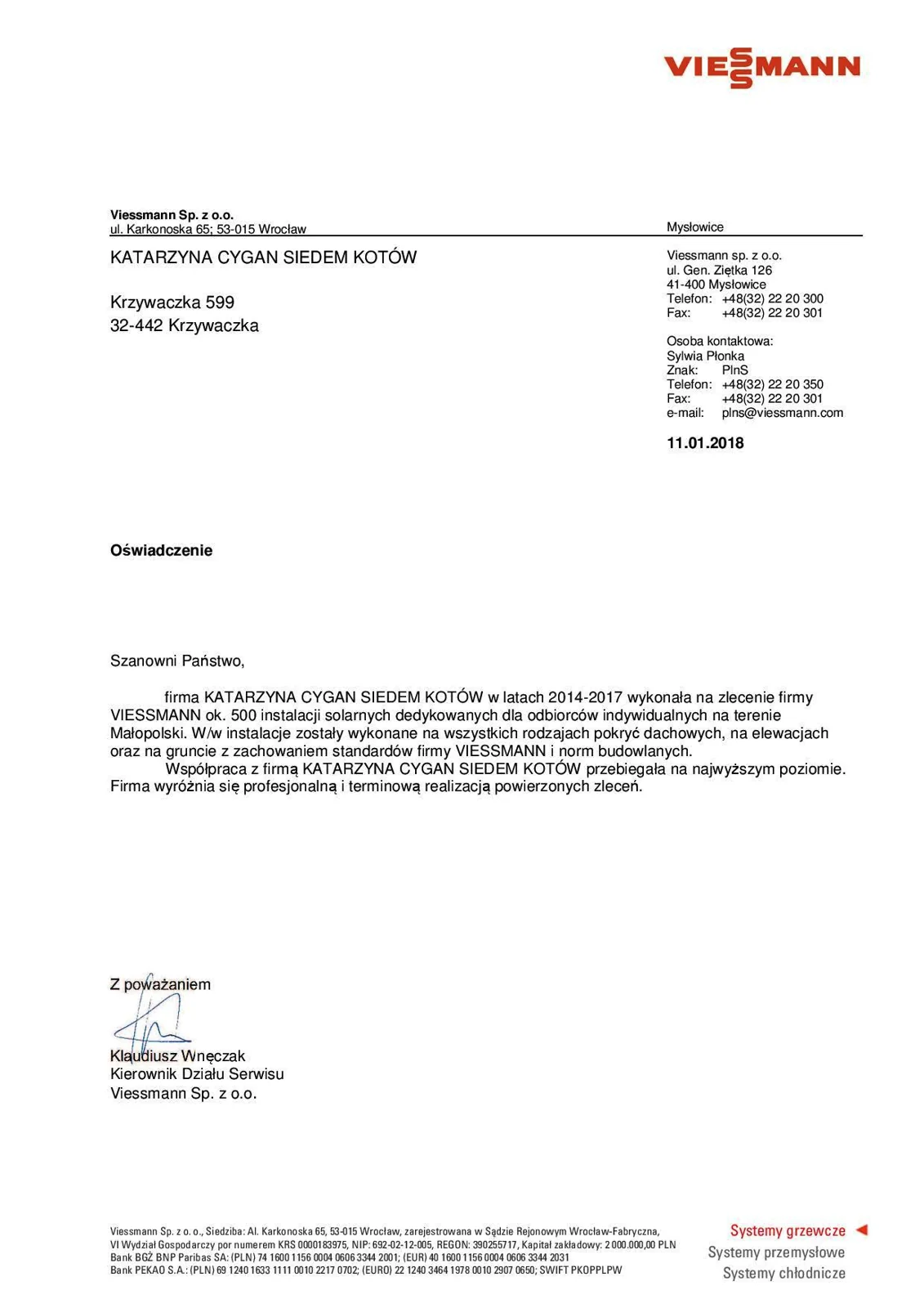 Skan autentycznych referencji Viessmann z 11 stycznia 2018 roku