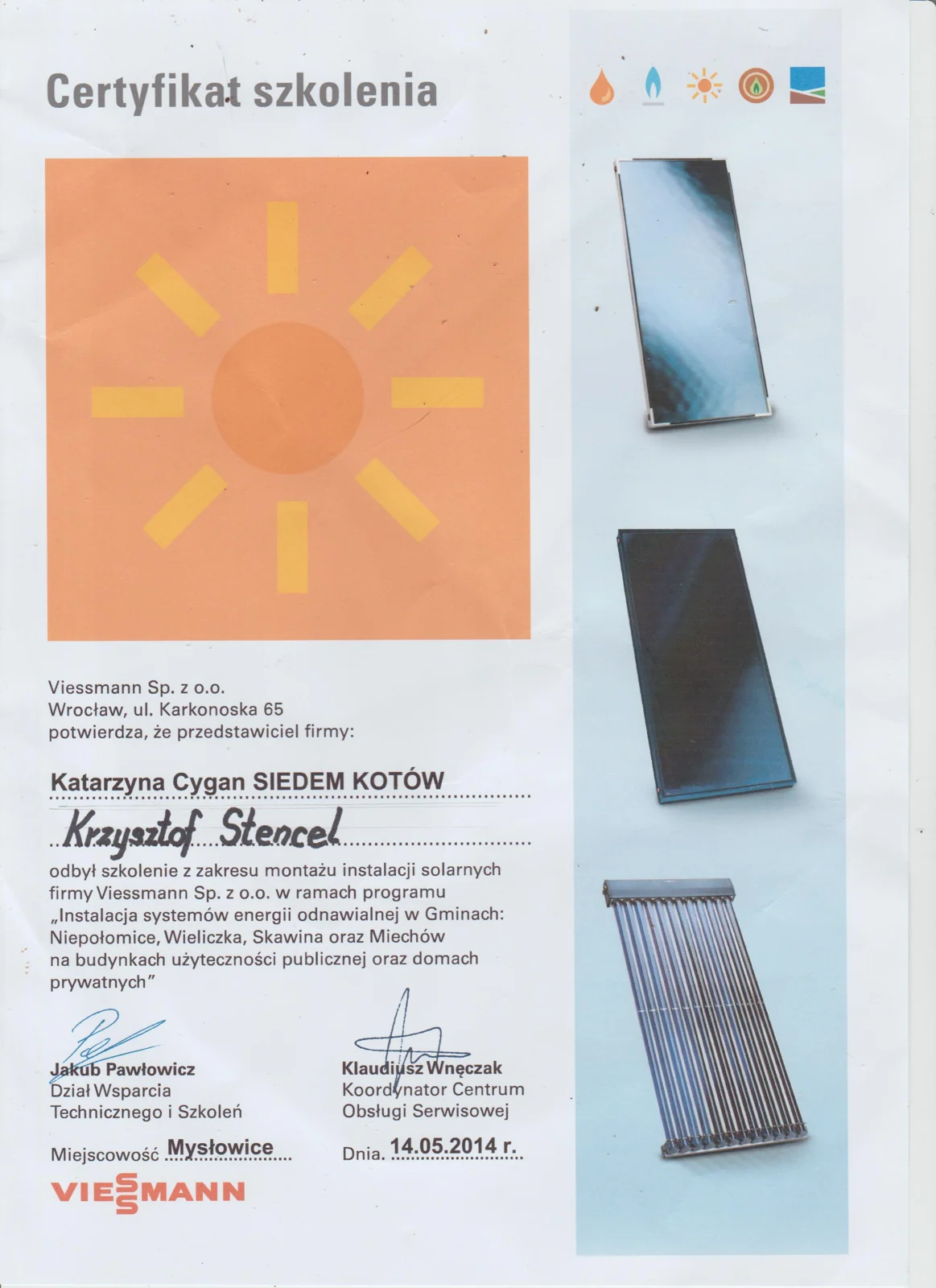Certyfikat szkolenia z instalacji solarnych Viessmann z 2014 roku