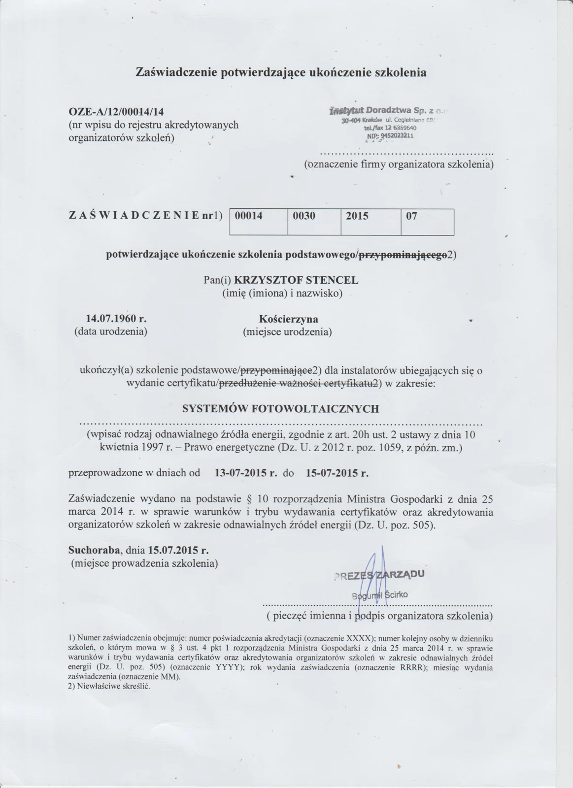 Zaświadczenie ukończenia szkolenia z systemów fotowoltaicznych w 2015 roku